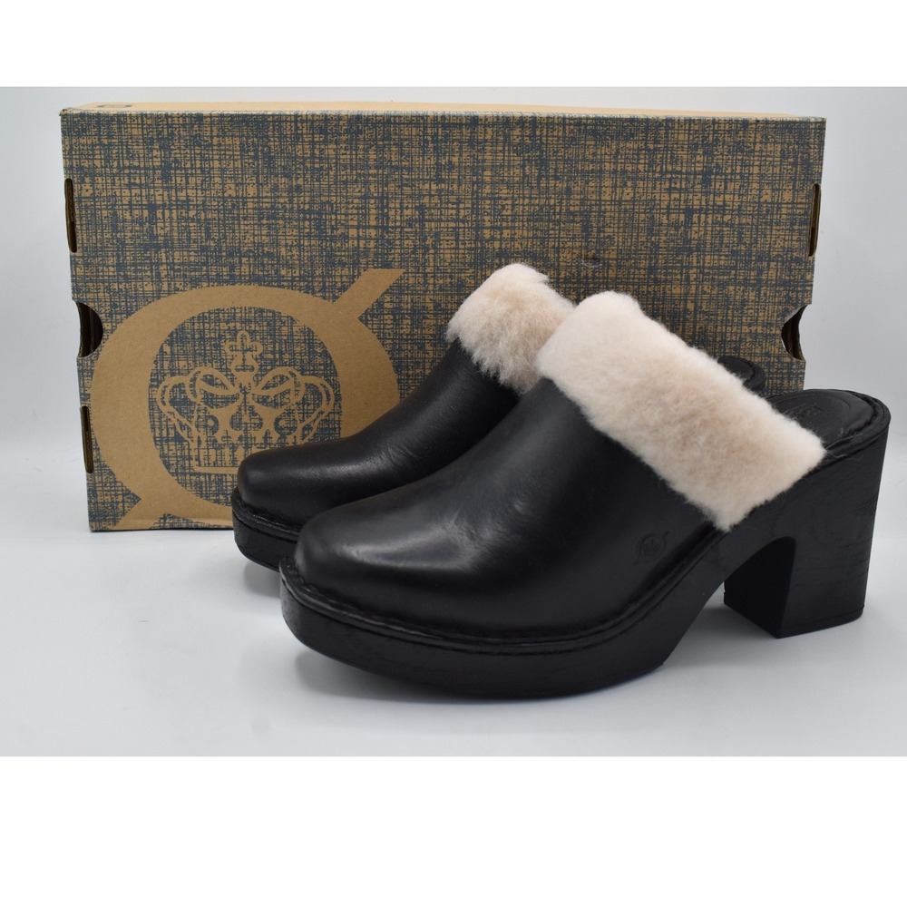 Born Hope Clogs Women 8 Black Leather Shearling Combo Platform Mules Shoes NWB